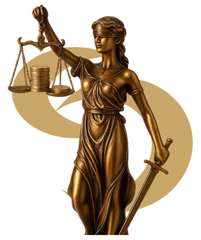 Estátua da justiça dourada representando equilíbrio e ética na advocacia — Schneiders Ortiz Advocacia.